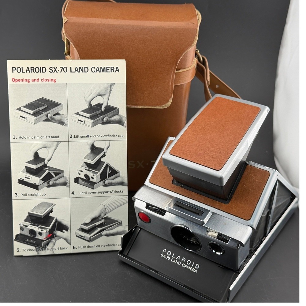 Vintage Polaroid SX-70 Land Camera-Folding Instant, Chrome Tan, Leather Case